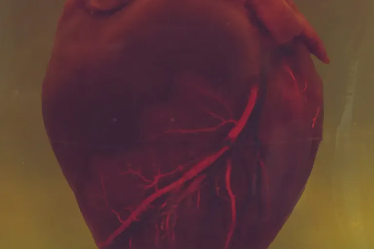 A preserved human heart suspended in fluid inside a glass jar, with its coronary arteries visible