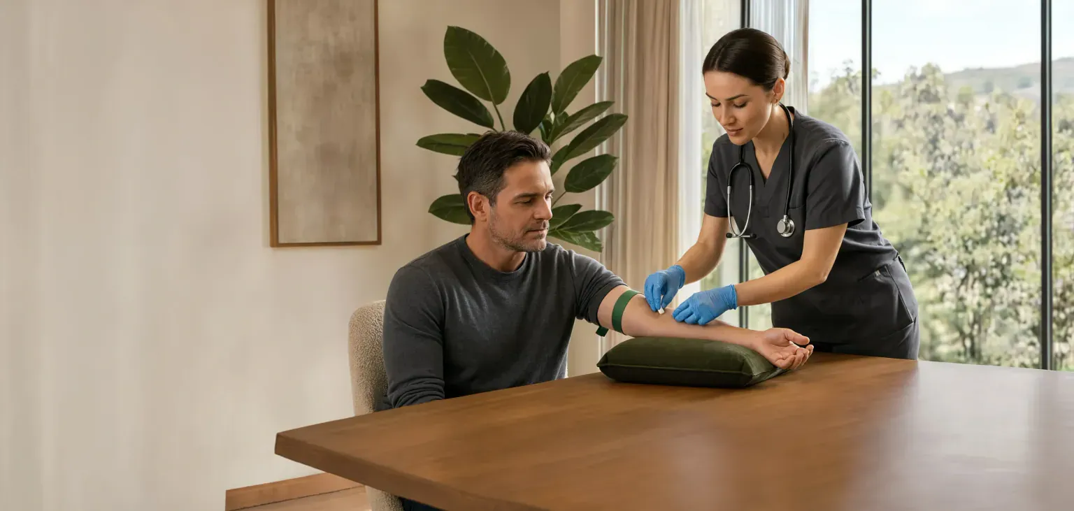 A phlebotomist prepares to draw blood from a man seated at home