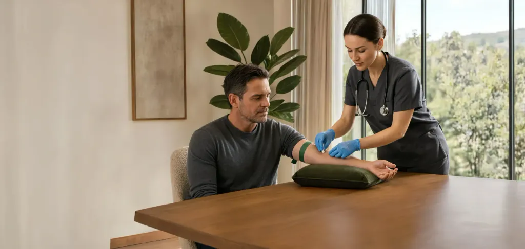 A phlebotomist prepares to draw blood from a man seated at home