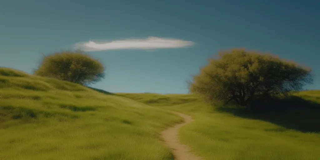 A winding path through green hills under an open blue sky