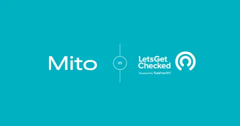 Mito and LetsGetChecked logos with an outlined VS badge connected to vertical lines