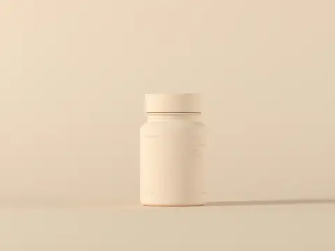 A stylized render of a supplement bottle on a table