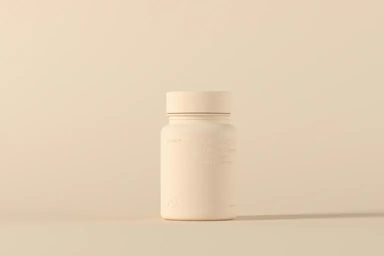 A stylized render of a supplement bottle on a table