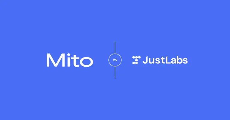 Mito and JustLabs logos with an outlined VS badge connected to vertical lines