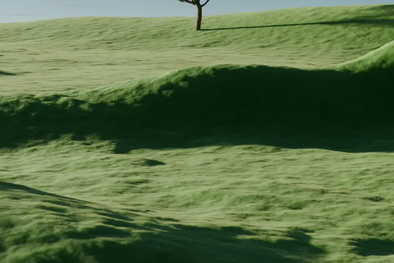 A lone tree on rolling green hills