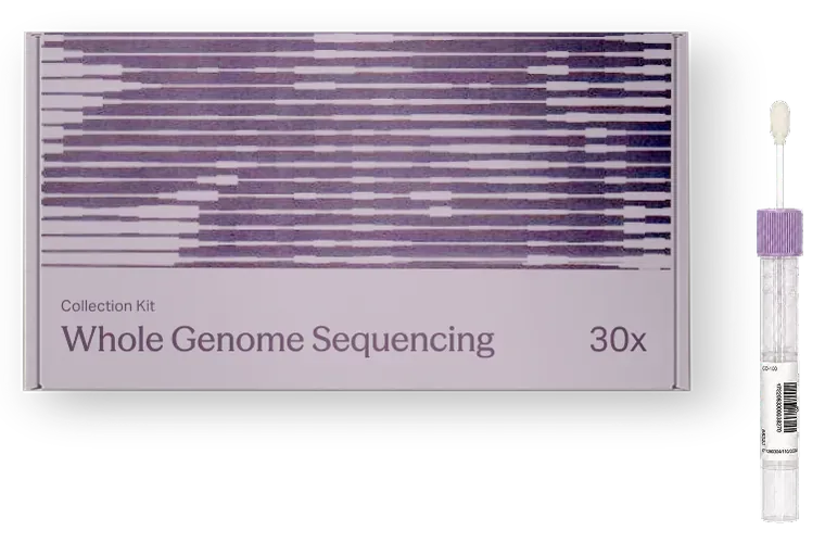 The Whole Genome Sequencing 30x kit box beside a saliva collection device