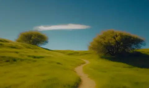 A footpath winding through sunlit green hills under an open blue sky