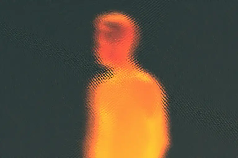Abstract thermal-style image of a human torso glowing orange against a dark background, suggesting something active inside the body that cannot be seen from outside
