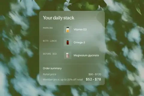 Mito's daily supplement stack card showing vitamin D3, omega-3 and magnesium glycinate over sunlit green leaves