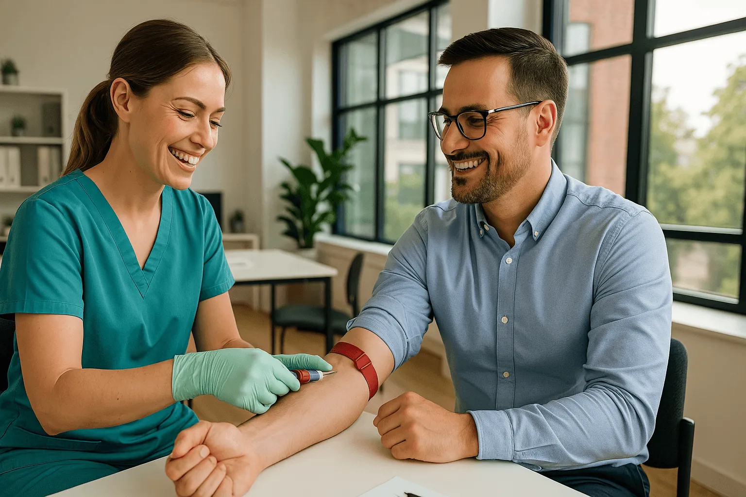 A care team lead in green scrubs prepares to draw blood from a smiling man in a bright, modern office, illustrating routine HbA1C testing for diabetes screening.