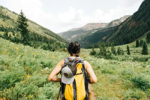 A person with a yellow backpack walking through a green mountain meadow.