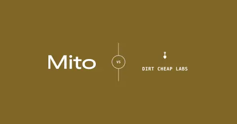 Mito and Dirt Cheap Labs logos with an outlined VS badge connected to vertical lines