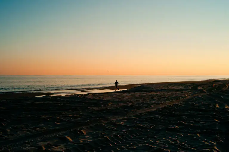 A person standing alone on a shoreline in low golden-hour light