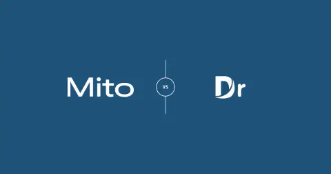 Mito and DrSays logos with an outlined VS badge connected to vertical lines