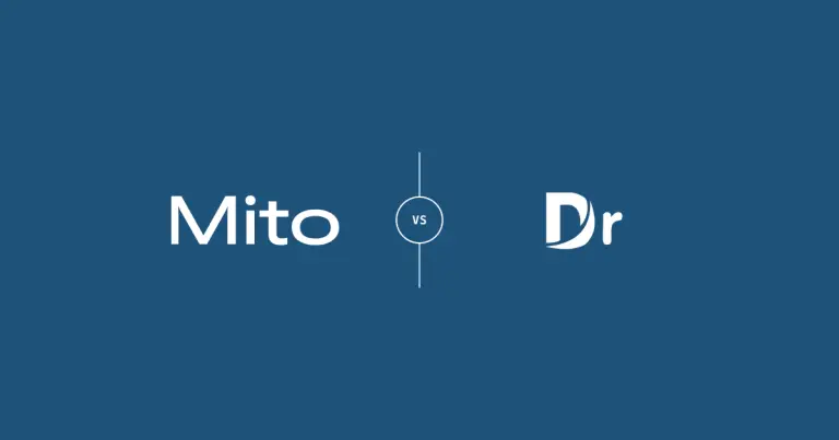 Mito and DrSays logos with an outlined VS badge connected to vertical lines