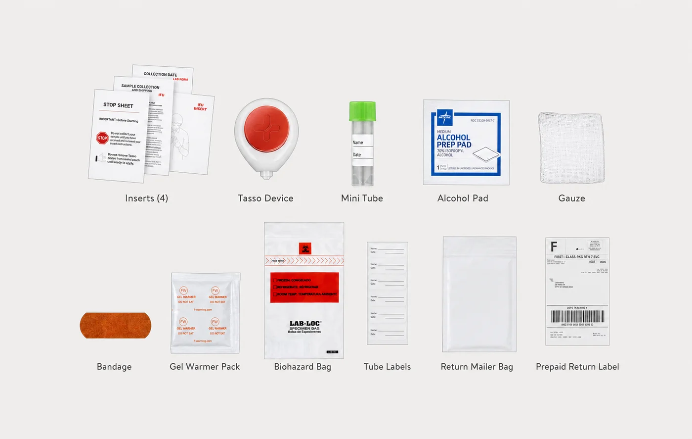 Everything included in the at-home kit laid out: instructions, Tasso+ device, collection tube, alcohol pad, gauze, bandage, gel warmer, biohazard bag, labels, and a prepaid return mailer