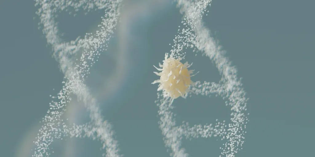 Two DNA double helices rendered in fine white particles on a soft teal background