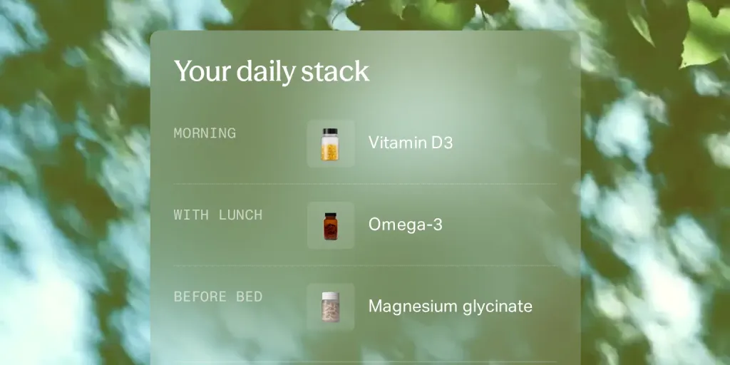 Mito's daily supplement stack card showing vitamin D3, omega-3 and magnesium glycinate over sunlit green leaves
