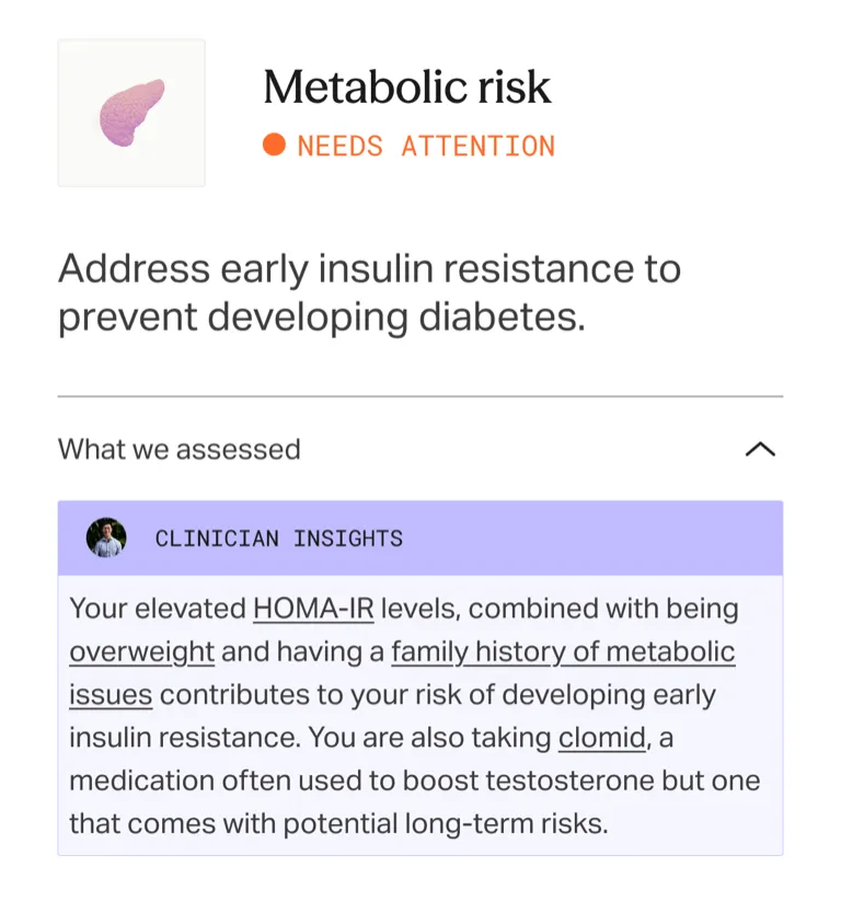 A Mito dashboard insight for metabolic risk, with clinician commentary linking HOMA-IR, weight, family history, and medications