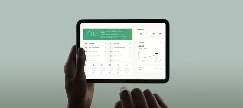 Mito dashboard on a tablet showing biomarker results and trends