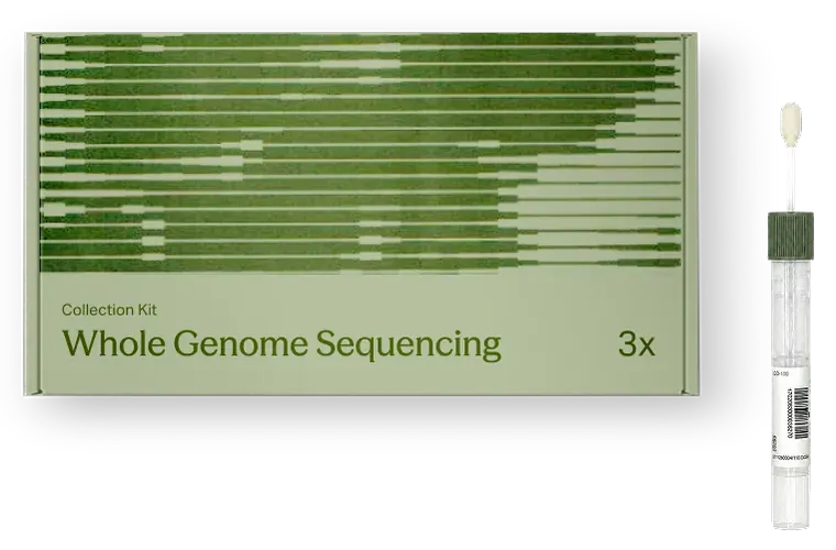 The Whole Genome Sequencing 3x kit box beside a saliva collection device